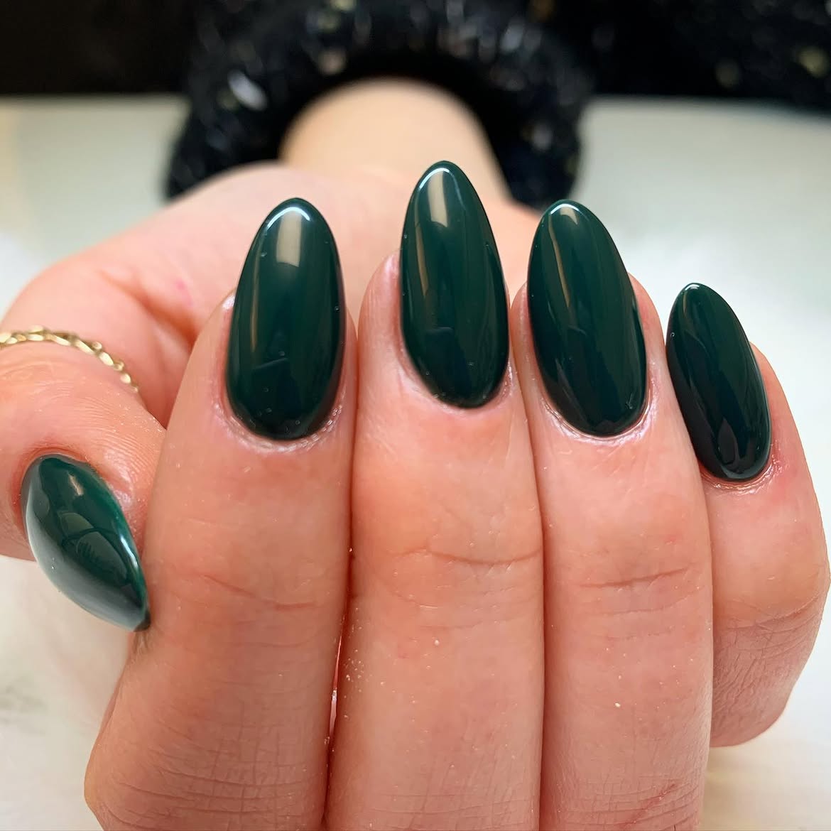 Glossy Deep Forest Green Oval Nails