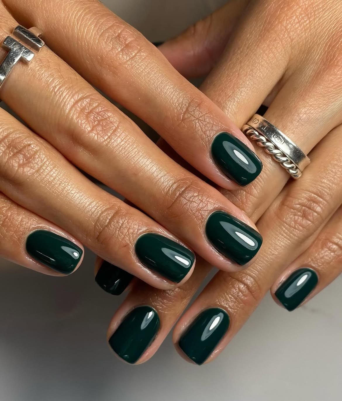 Glossy Deep Forest Green Square Nails