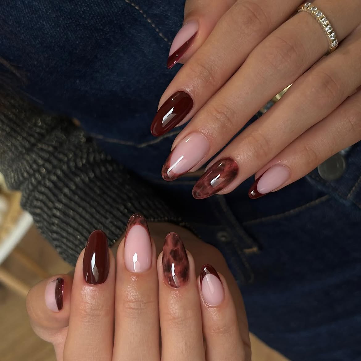 Glossy Deep Red Tortoiseshell French Almond Nails