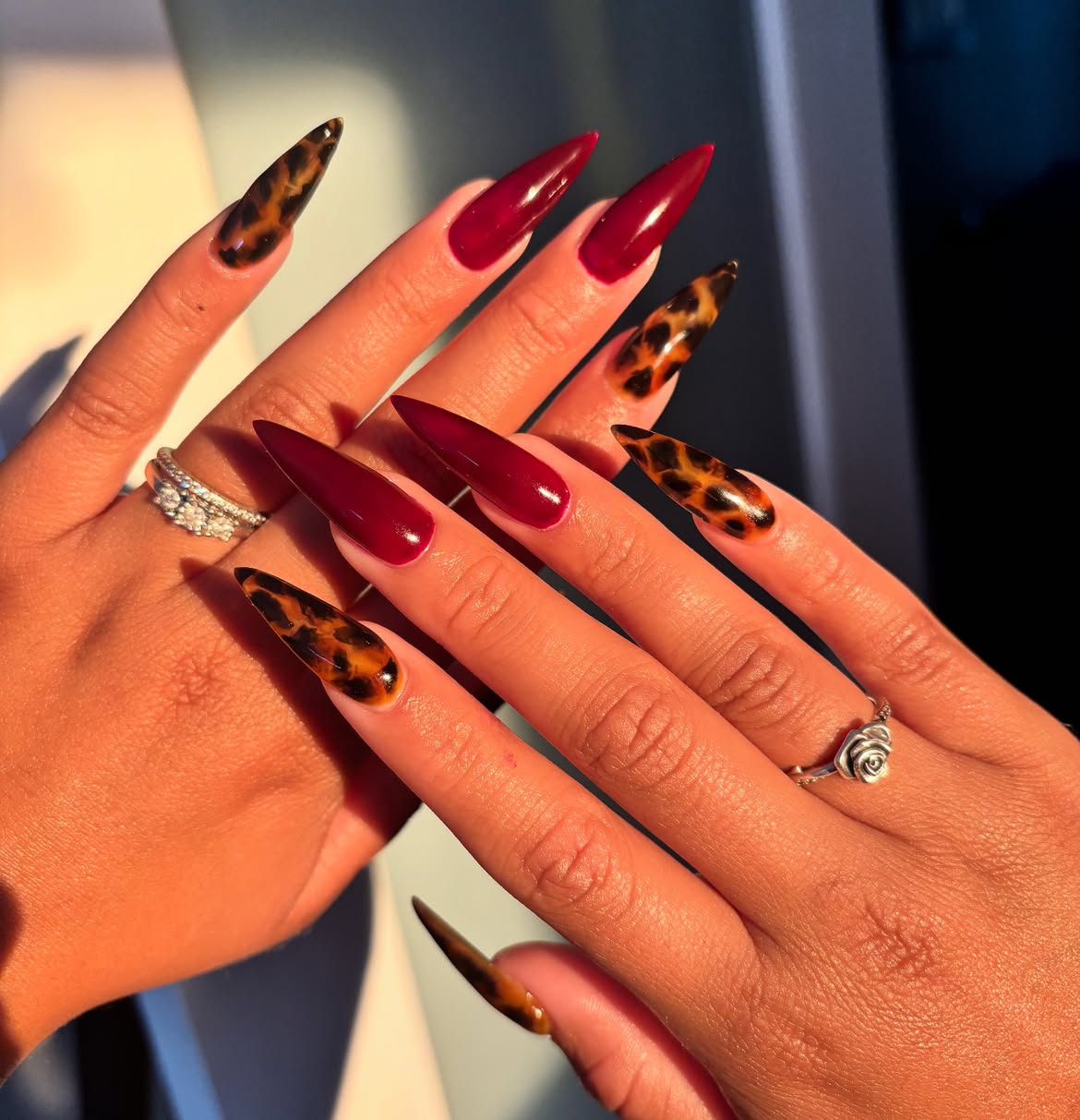 Glossy Deep Red & Tortoiseshell Stiletto Nails