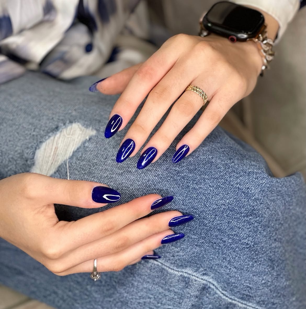 Glossy Deep Royal Blue Almond Nails