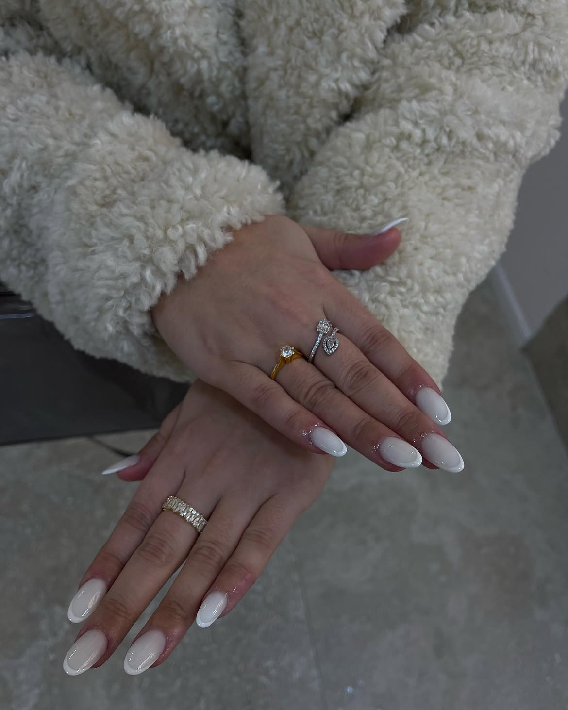 Glossy Milky White Ombre Almond Nails