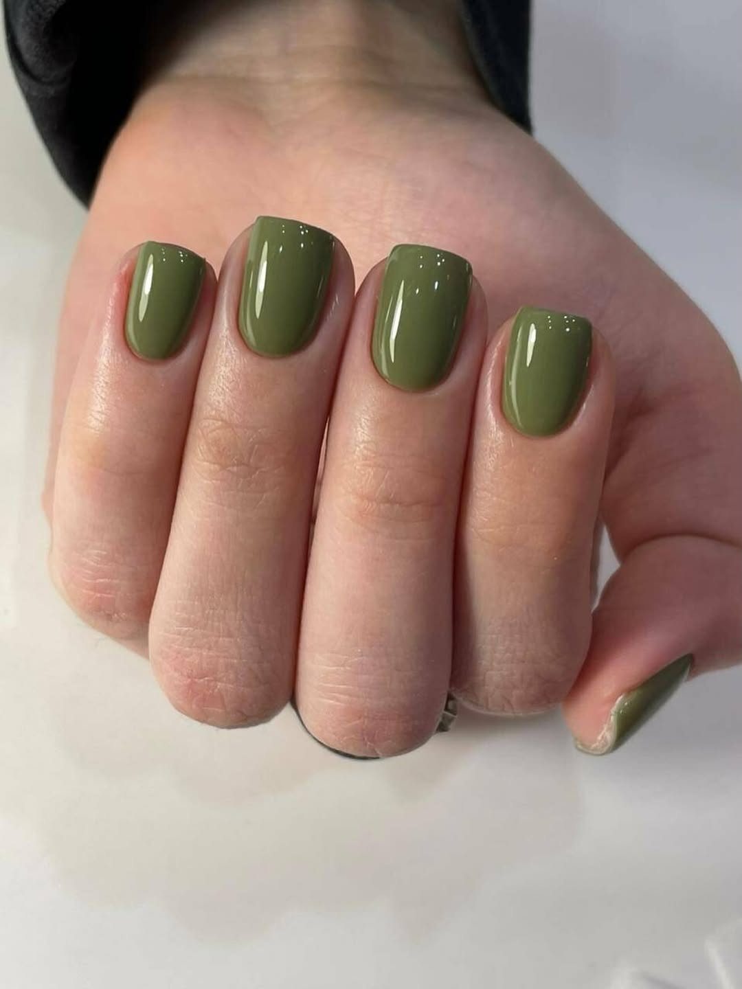 Glossy Olive Green Short Square Nails