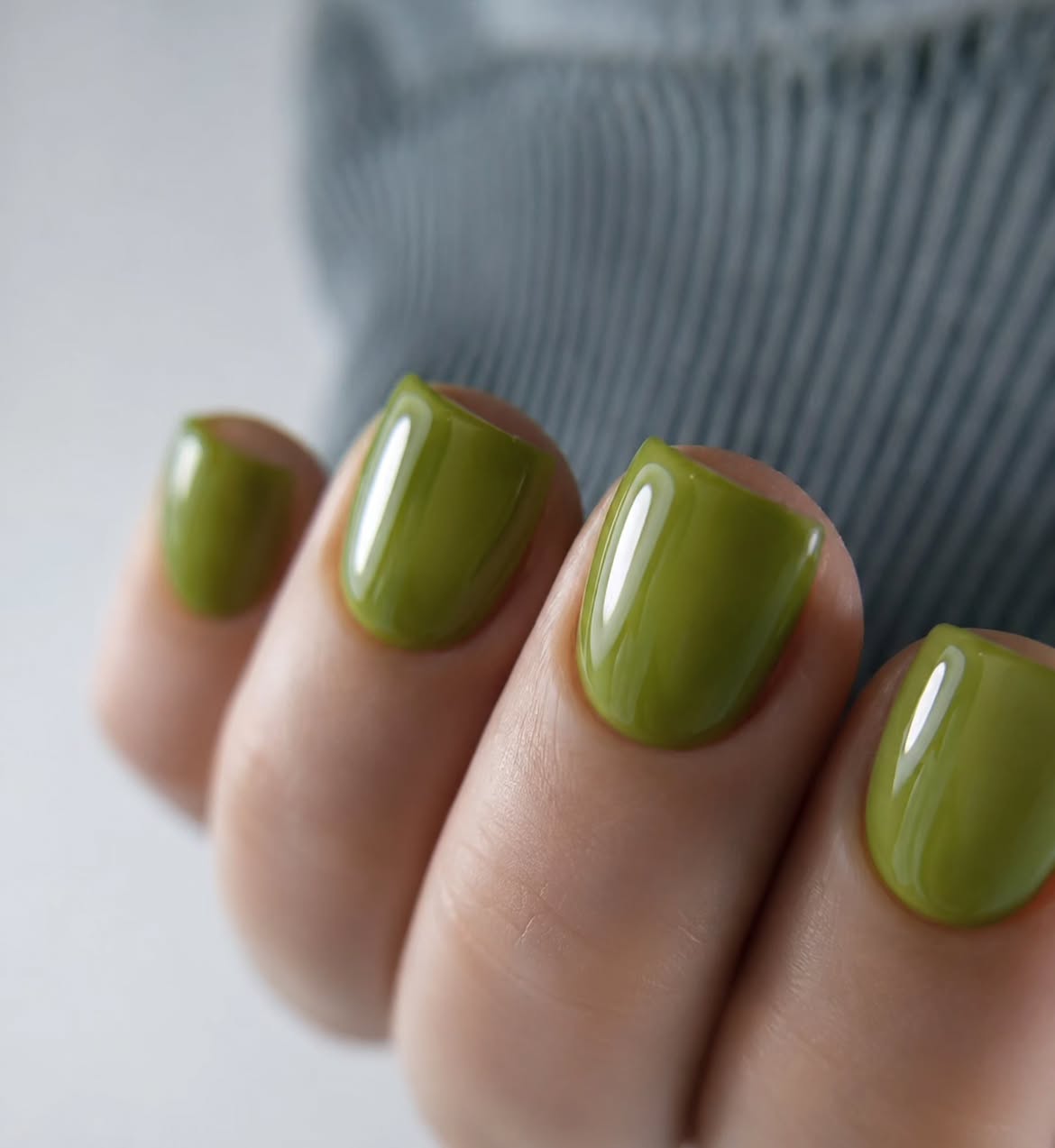 Glossy Olive Green Short Squoval Nails