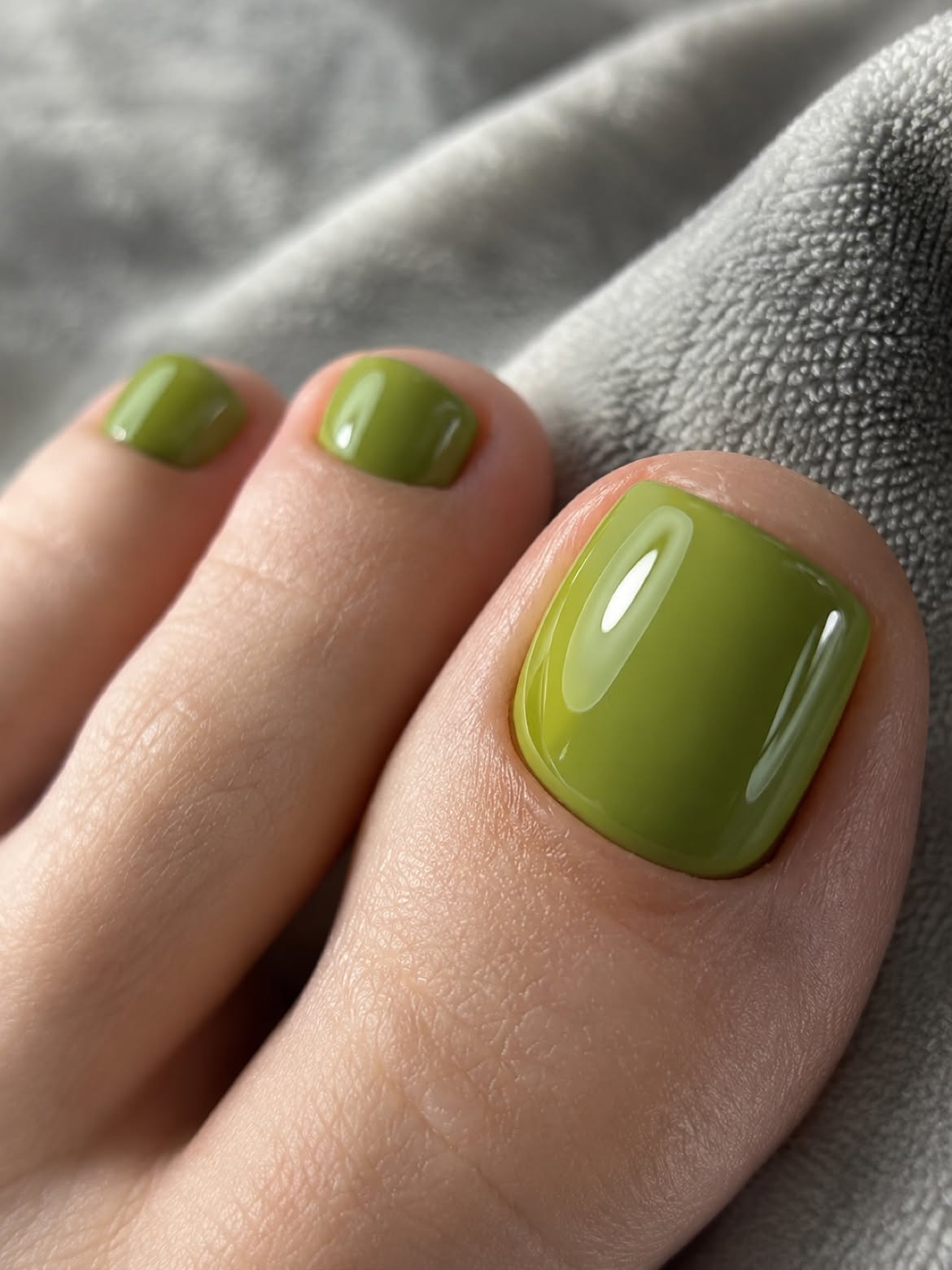 Glossy Olive Green Square Toe Pedicure