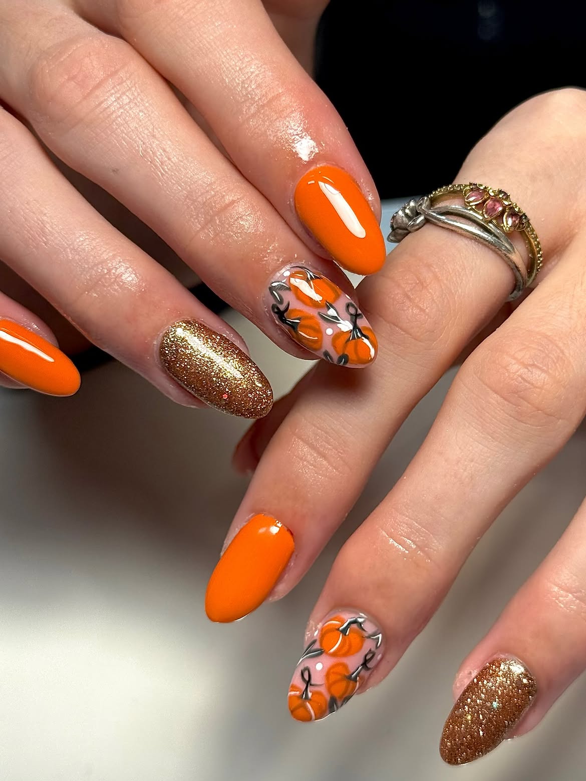 Glossy Orange Pumpkin Accent Oval Nails