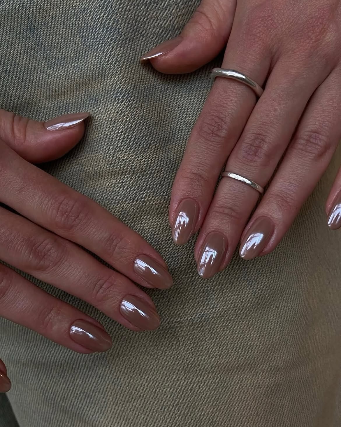 Glossy Taupe Almond Nails with Subtle Shine