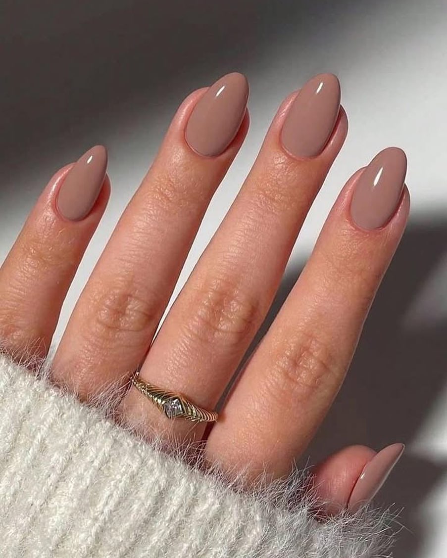 Glossy Taupe Almond Shaped Nails