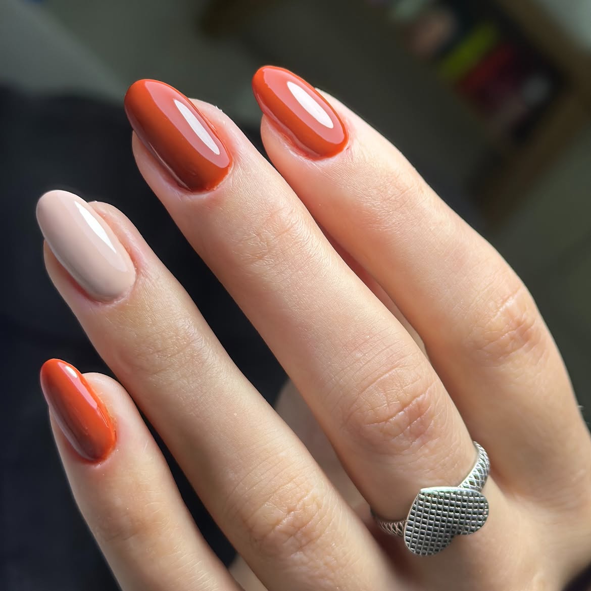 Glossy Terracotta and Nude Ombre Almond Nails