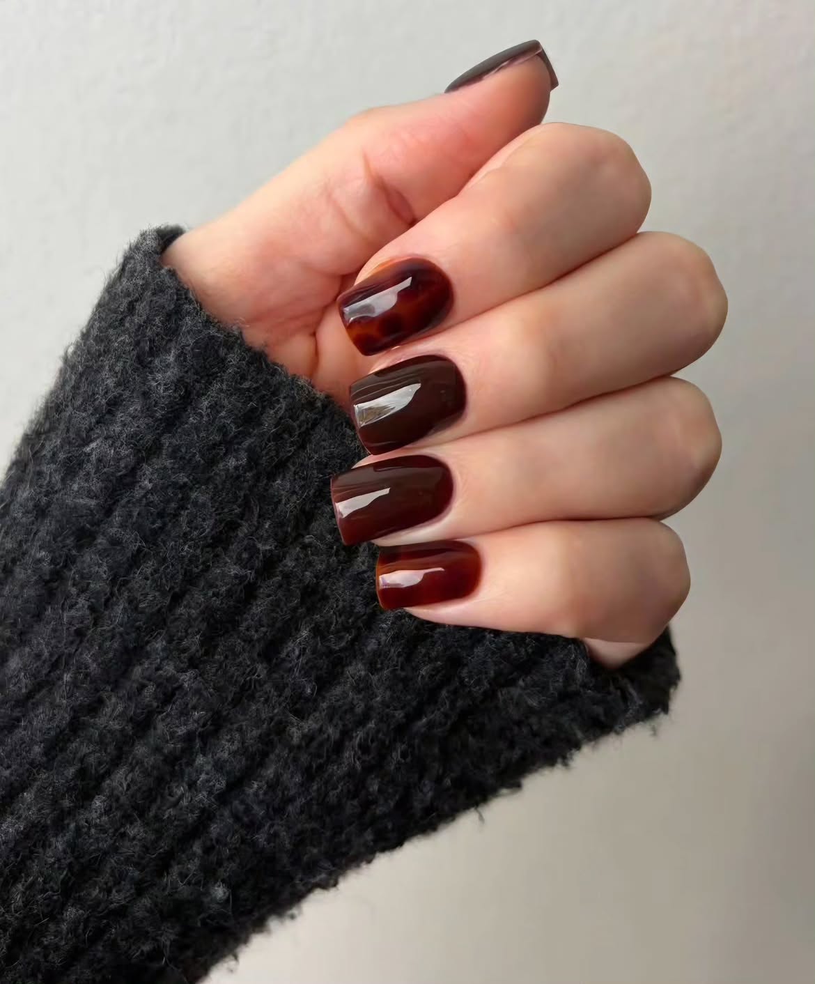 Glossy Tortoiseshell and Chocolate Brown Square Nails