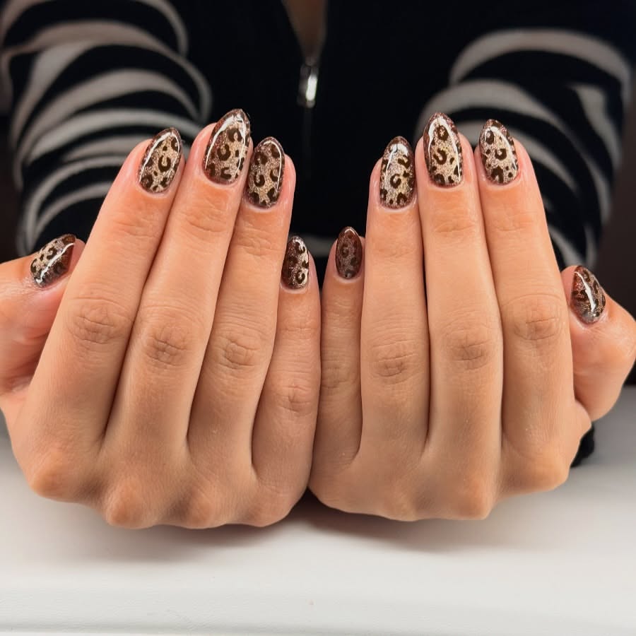 Golden Cheetah Sparkle Almond Nails