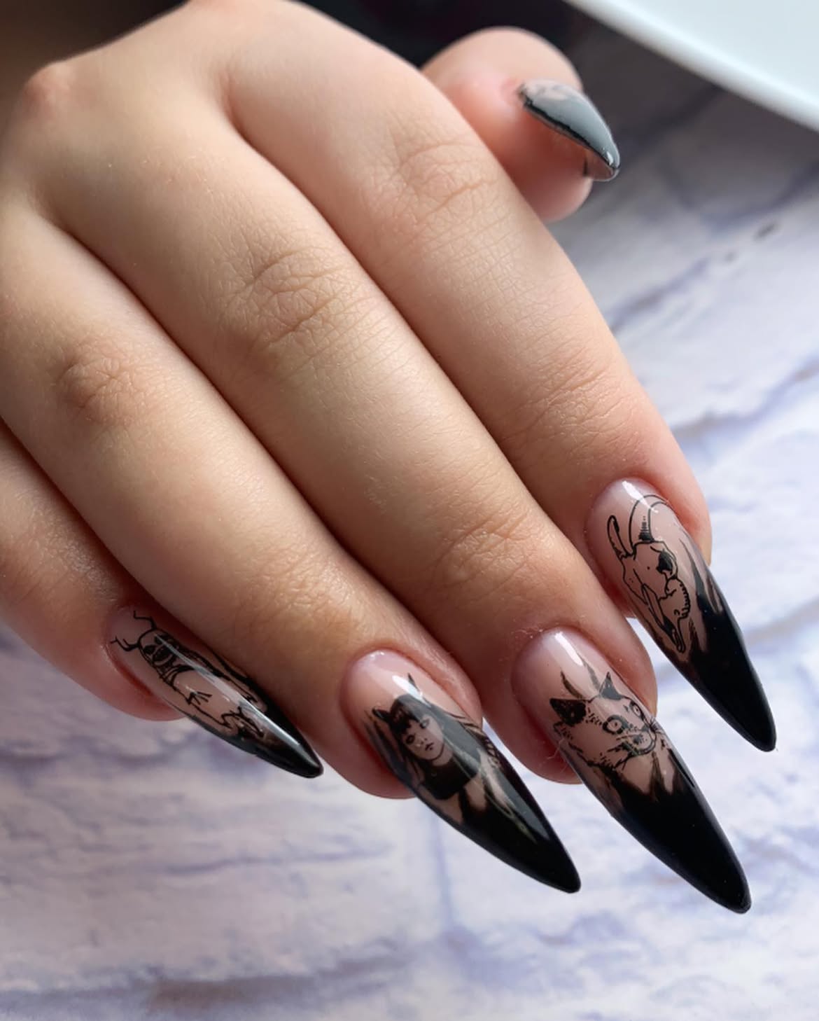Gothic Anime Black Stiletto Nails