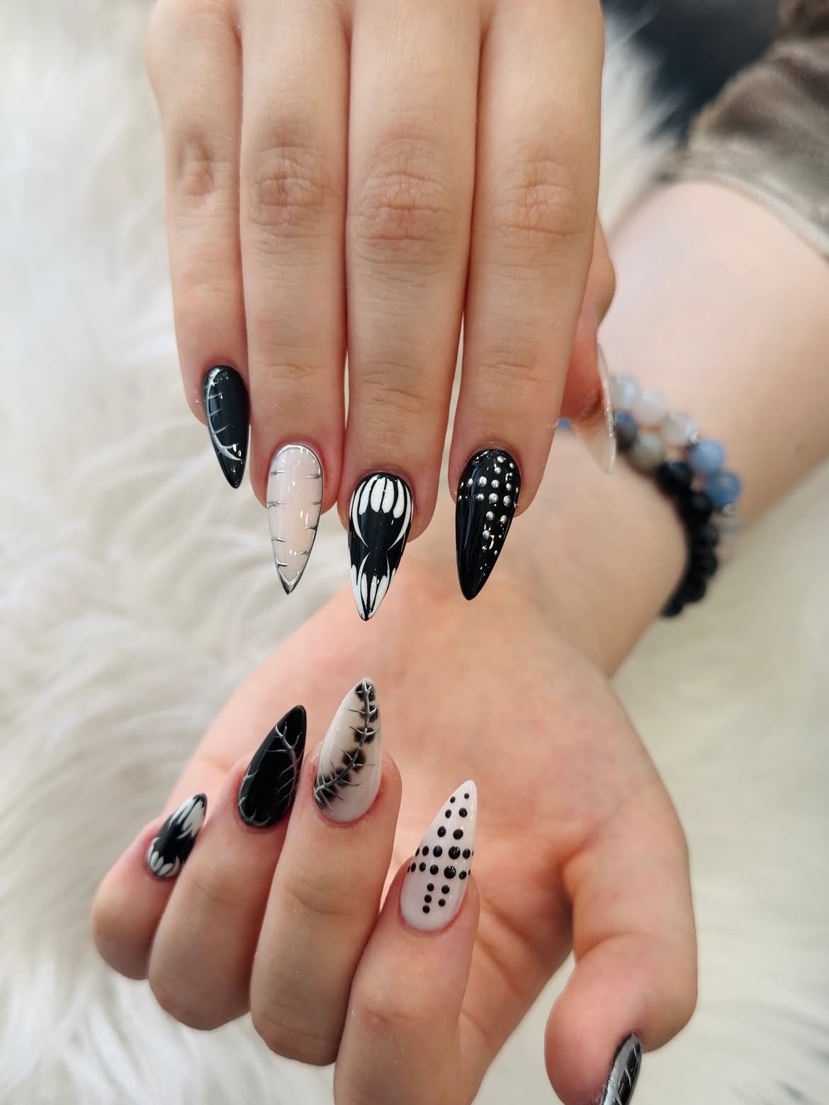 Gothic Black and White Detailed Almond Nails