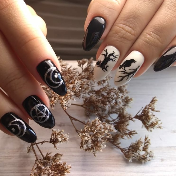 Gothic Black and White Halloween Nail Art