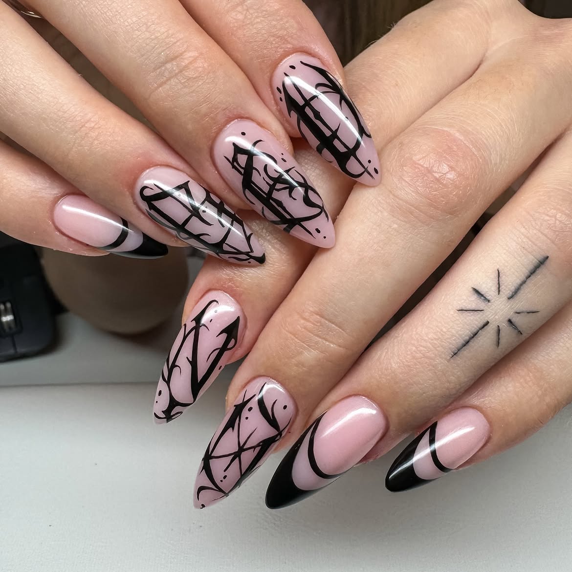 Gothic Black French Tip Stiletto Nails