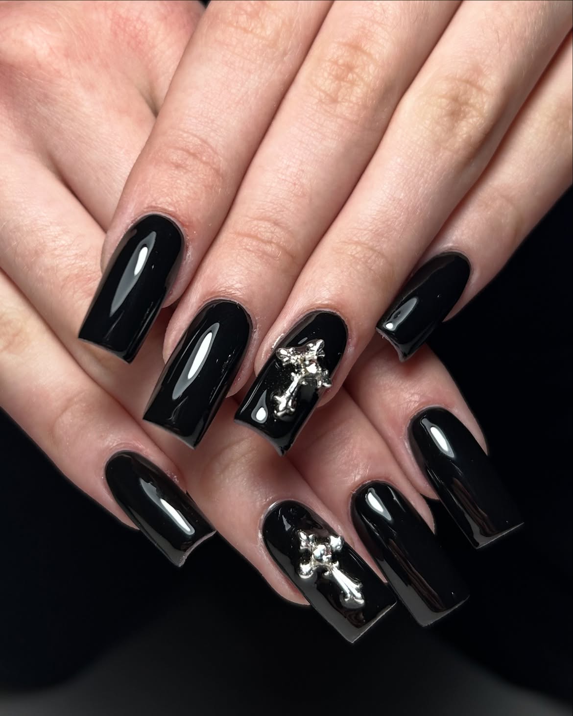 Gothic Black Glossy Coffin Nails with Charms