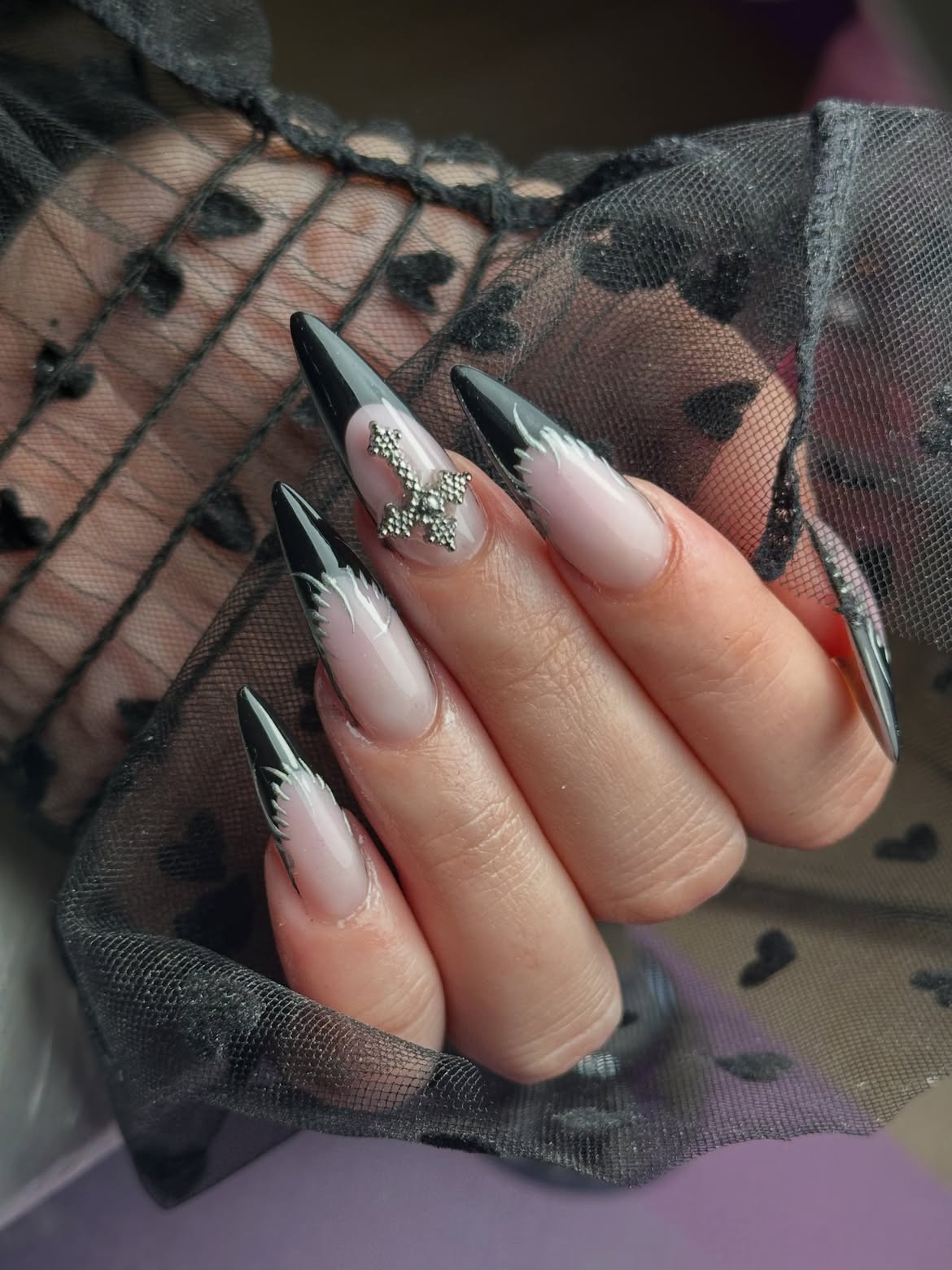 Gothic Black Jagged French Tip Stiletto Nails