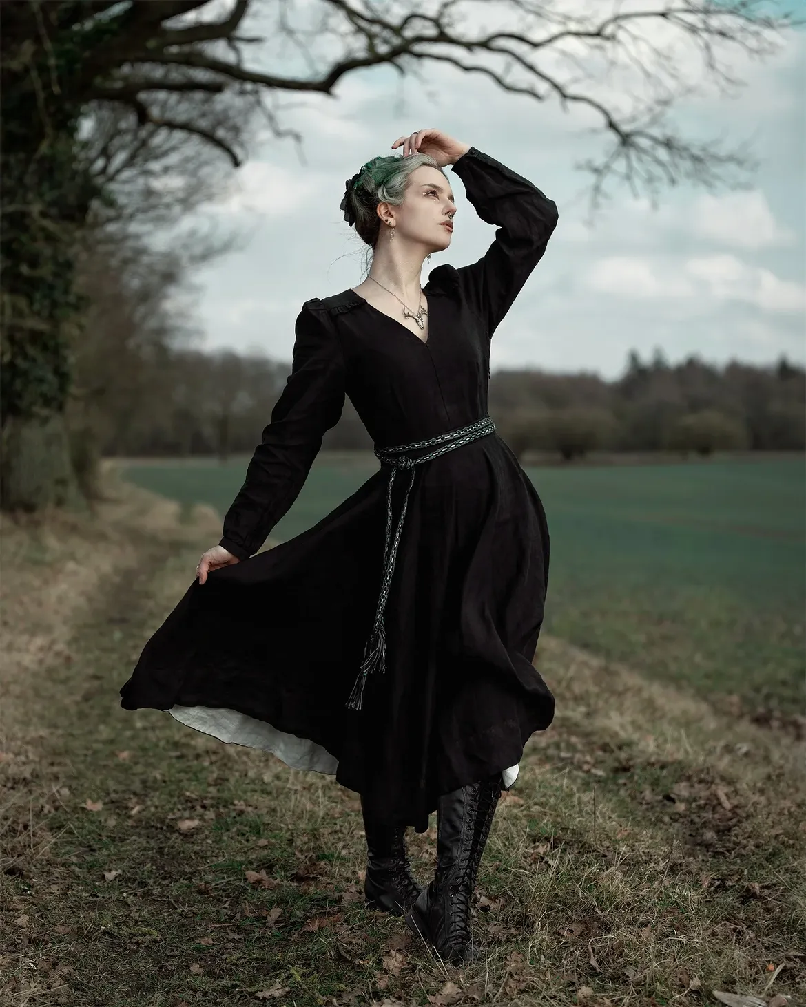 Gothic Black Maxi Dress With Lace-Up Boots