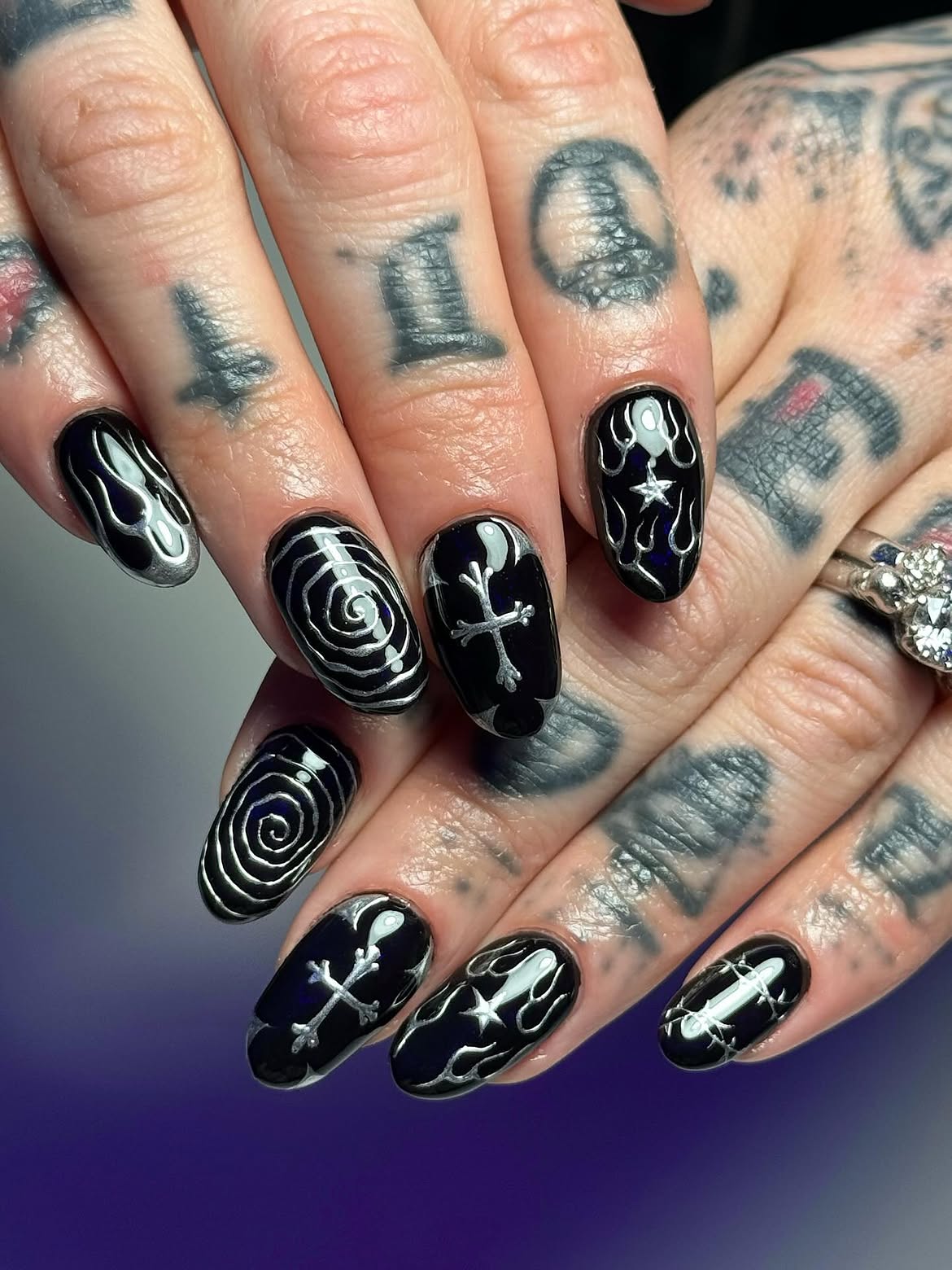 Gothic Black Oval Nails with Silver Accents