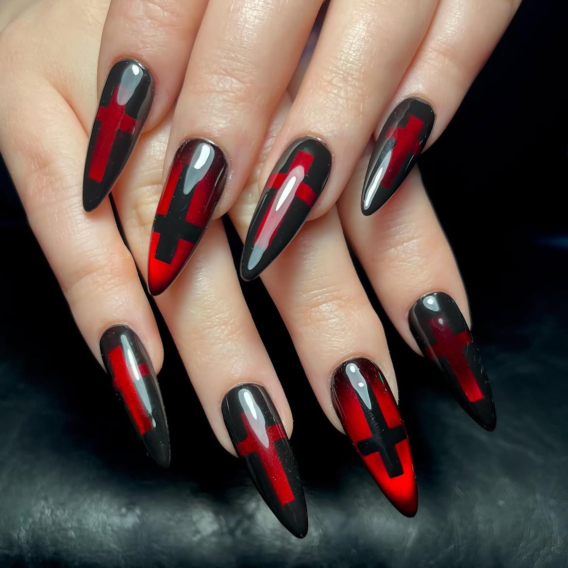 Gothic Black & Red Cross Coffin Nails
