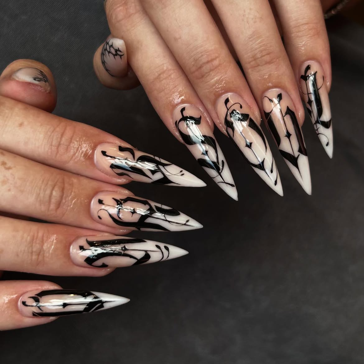Gothic Black Script Stiletto Nails