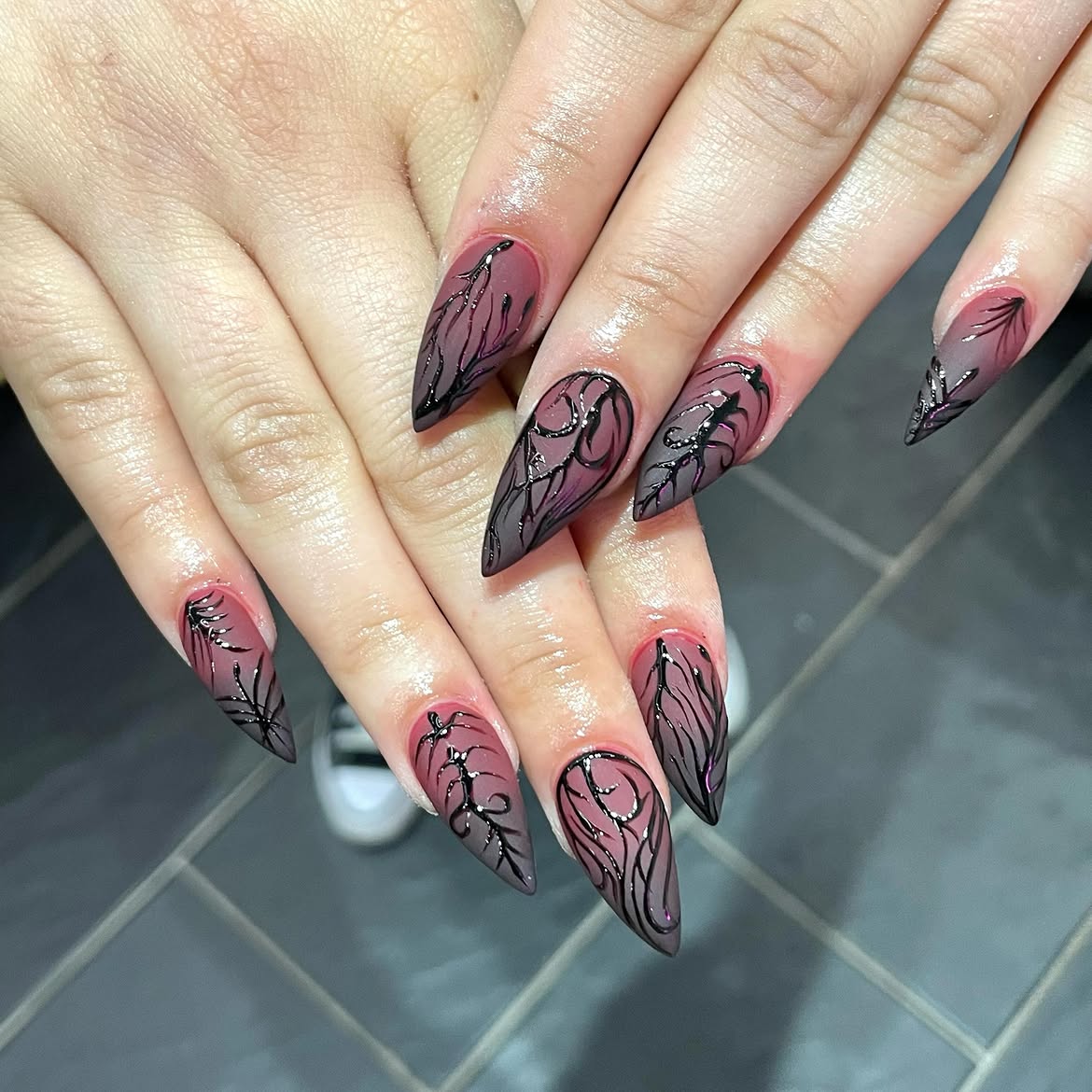 Gothic Black Swirl Ombre Stiletto Nails