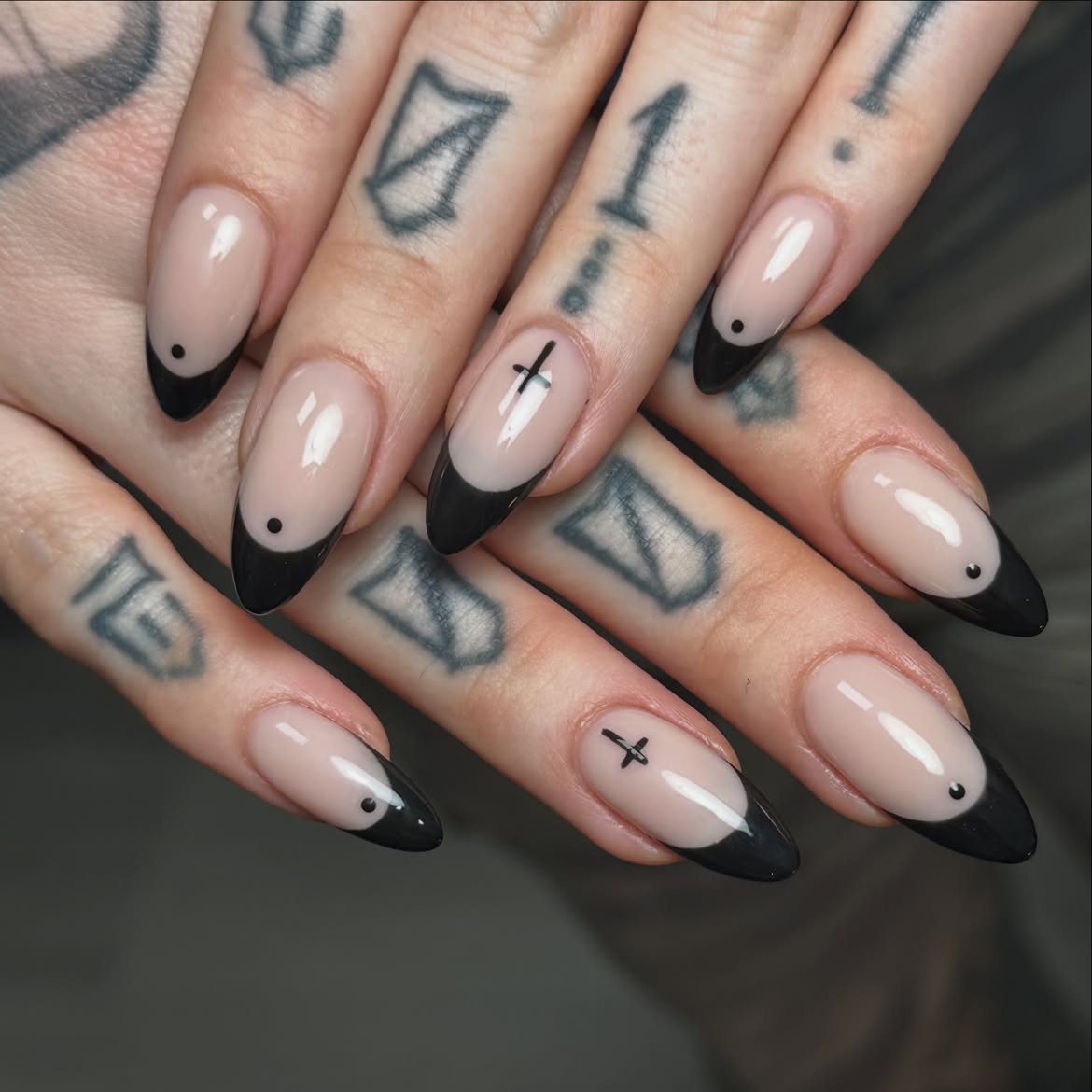 Gothic French Tip Almond Nails with Cross Detail