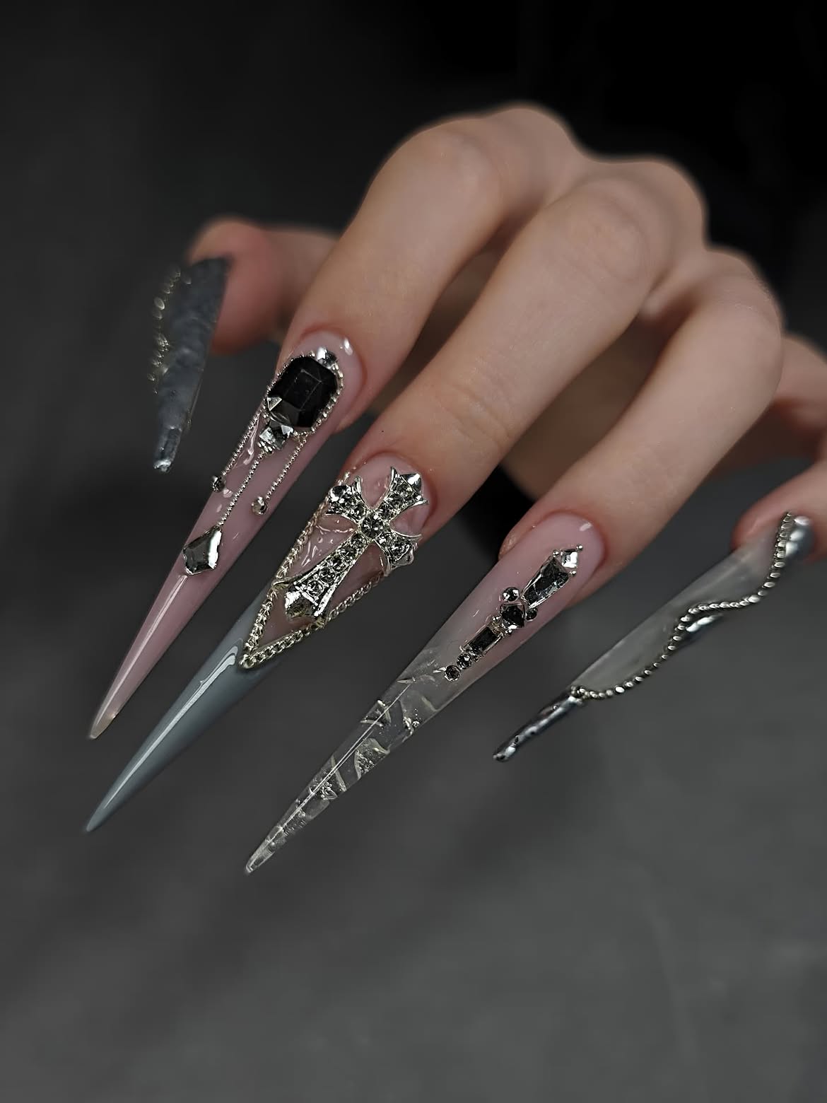 Gothic Glam Chrome Dagger Stiletto Nails
