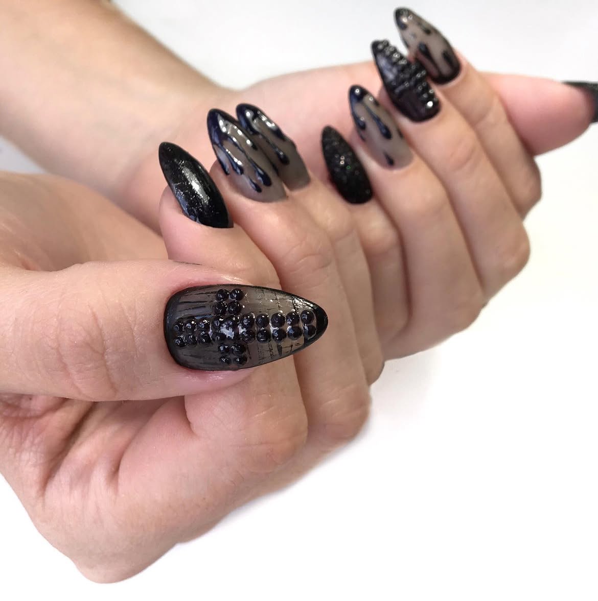 Gothic Lace Drip and Rhinestone Cross Nails