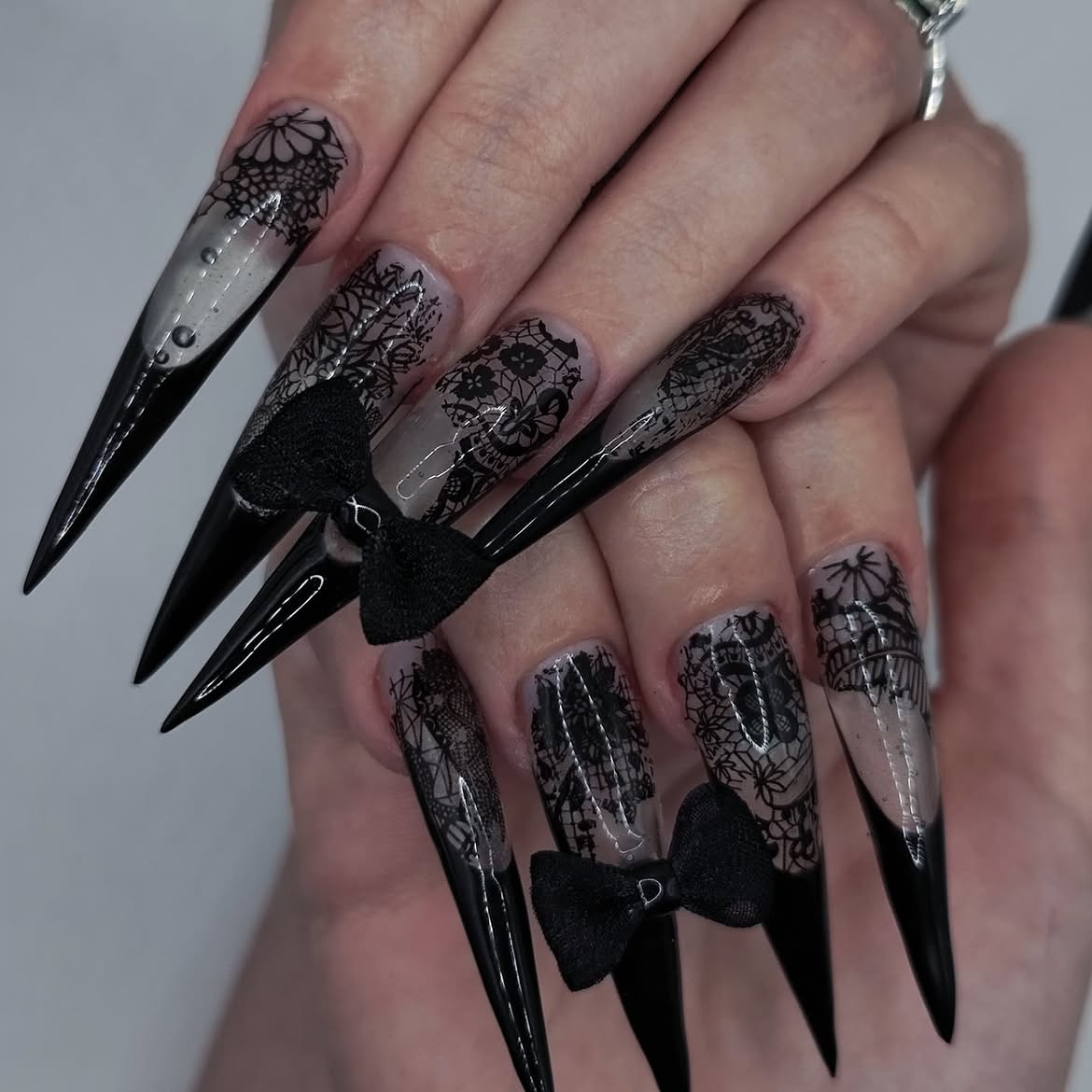 Gothic Lace Stiletto Nails with Bow Accents