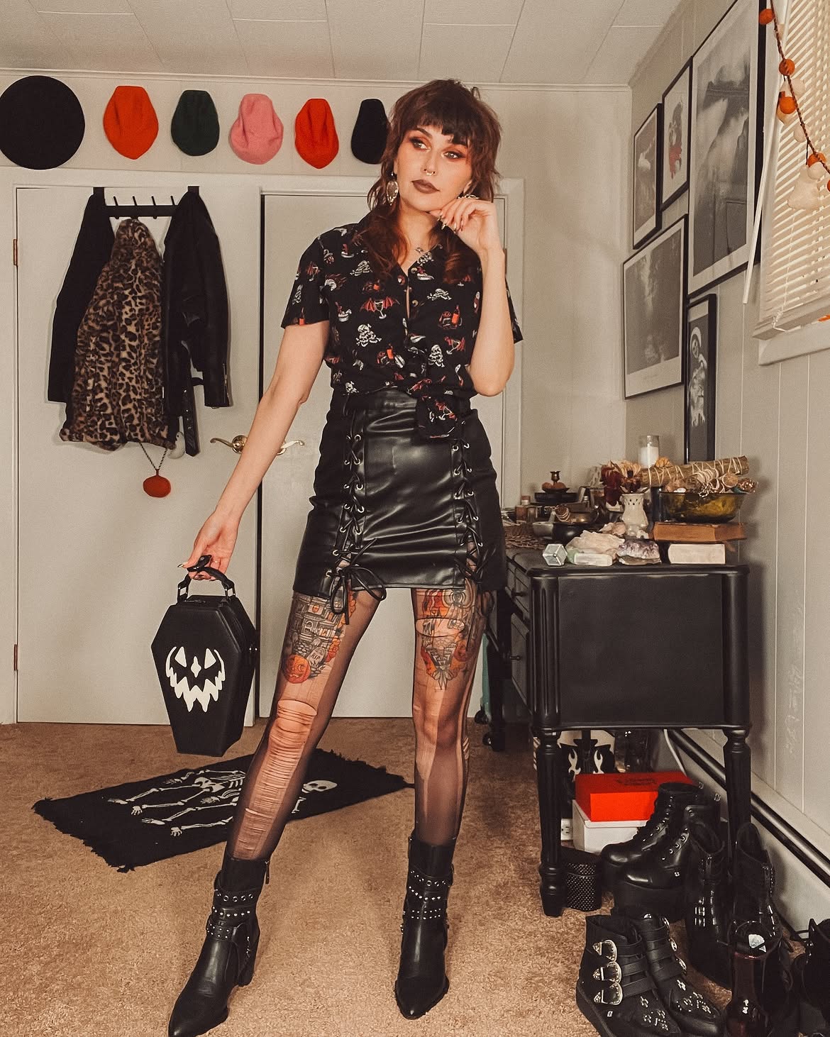 Gothic Leather Skirt And Graphic Print Shirt Look
