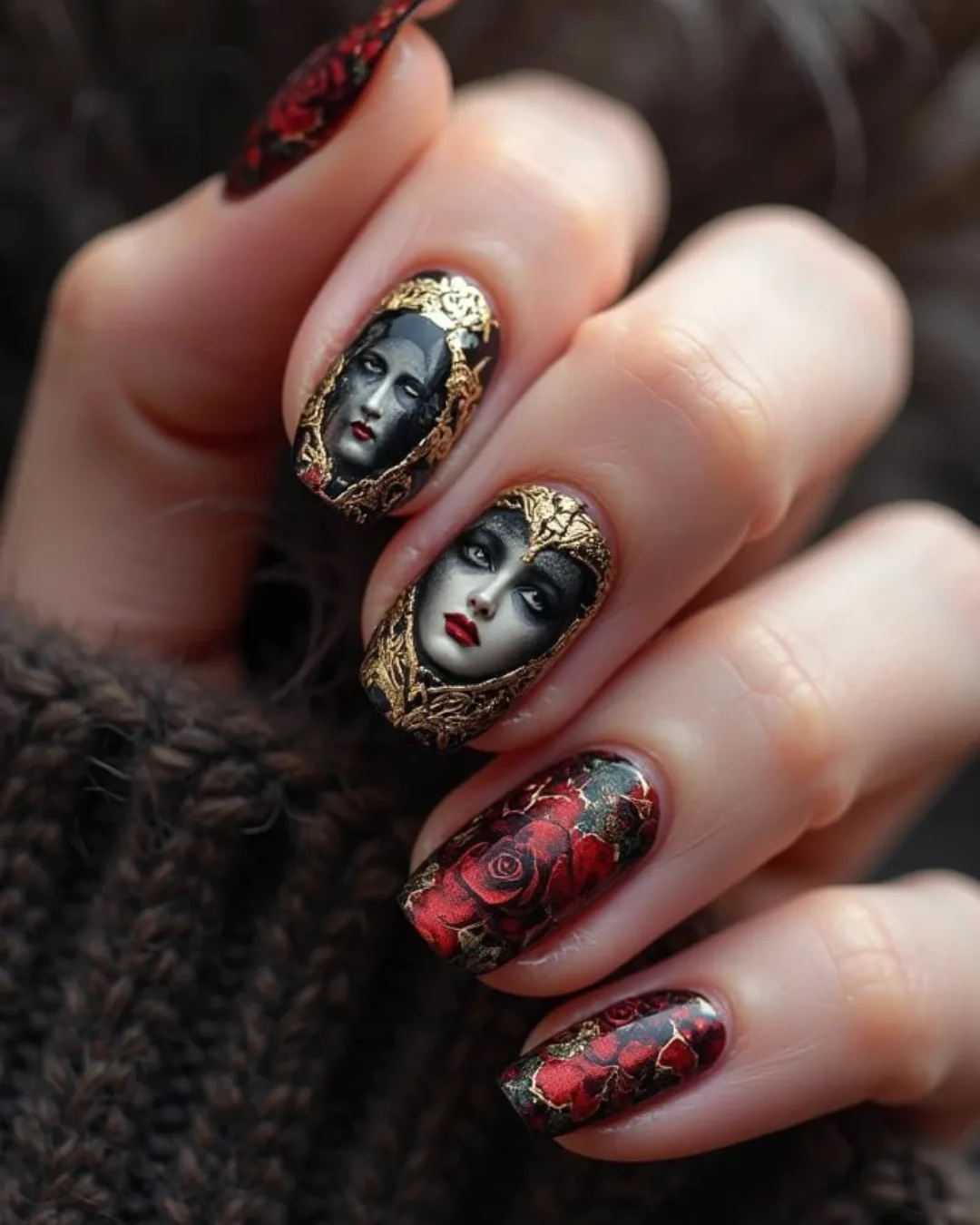 Gothic Portrait And Rose Detailed Almond Nails