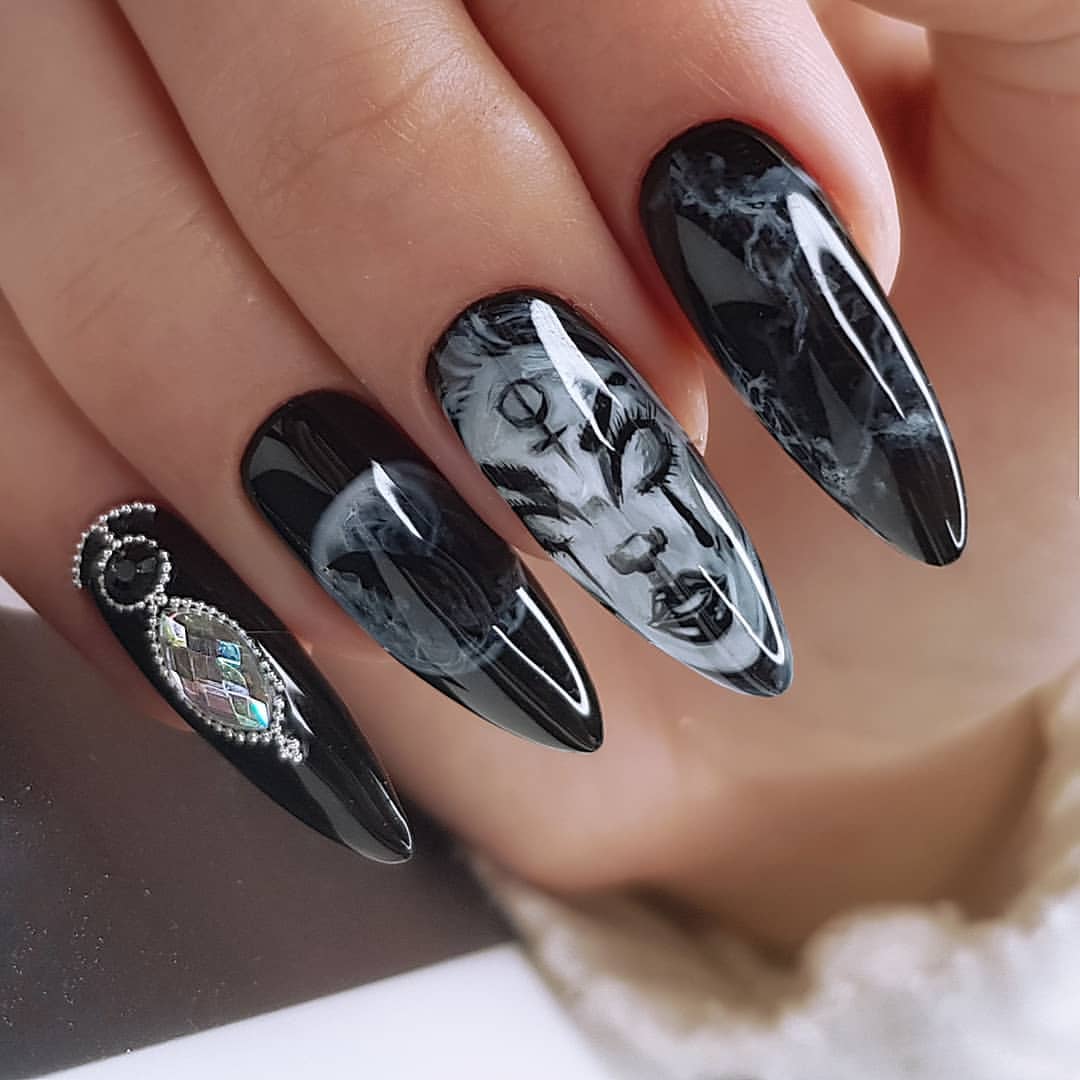 Gothic Portrait Marble Stiletto Nails