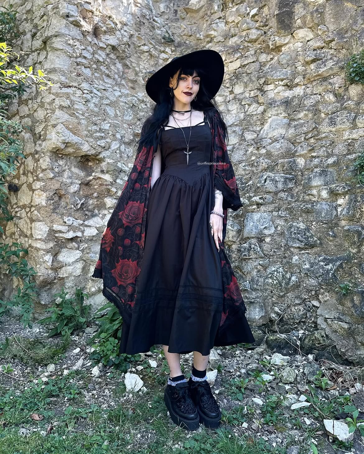 Gothic Rose Print Kimono Over Black Midi Dress