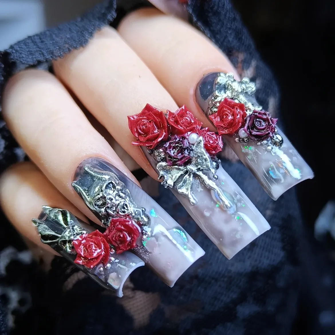 Gothic Rose Skull Long Square Nails