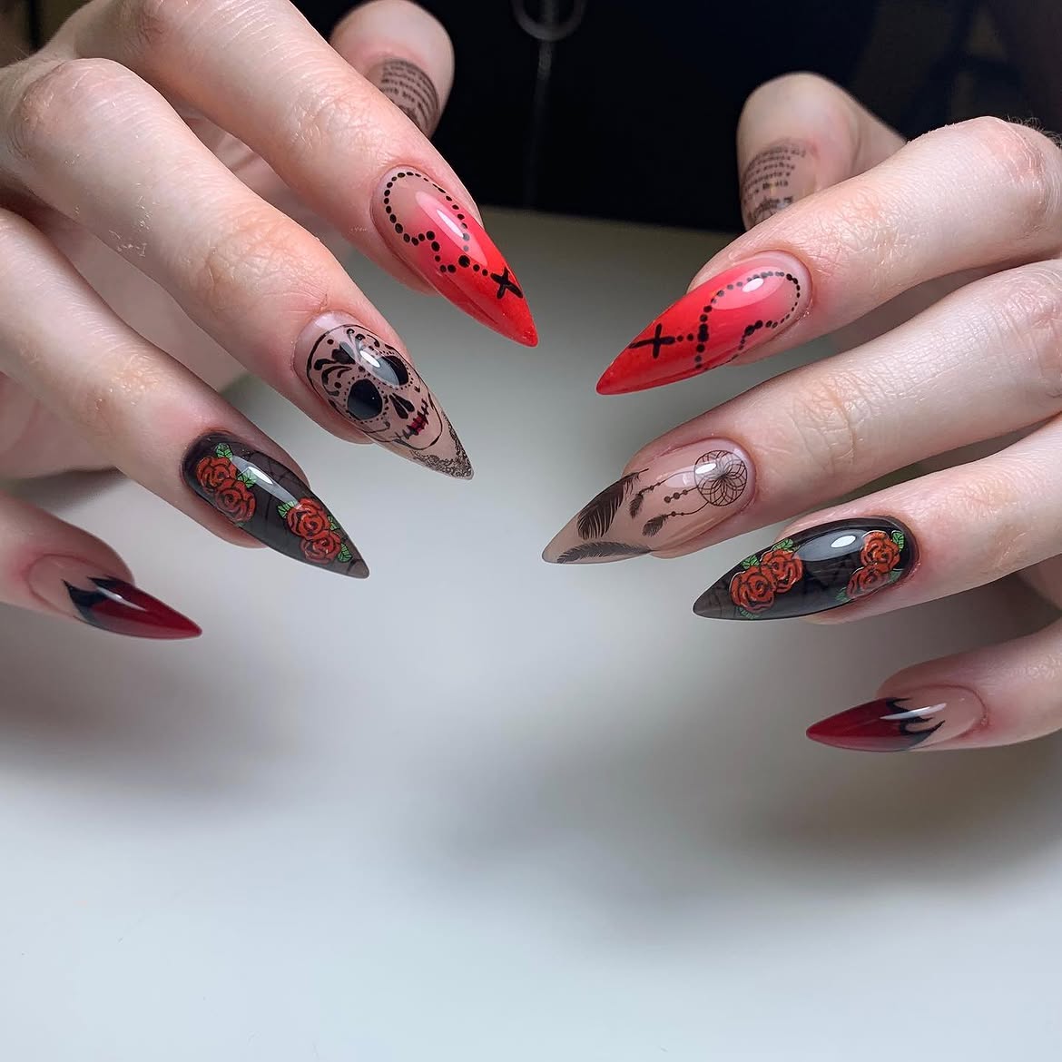 Gothic Skull Rose Stiletto Nail Art