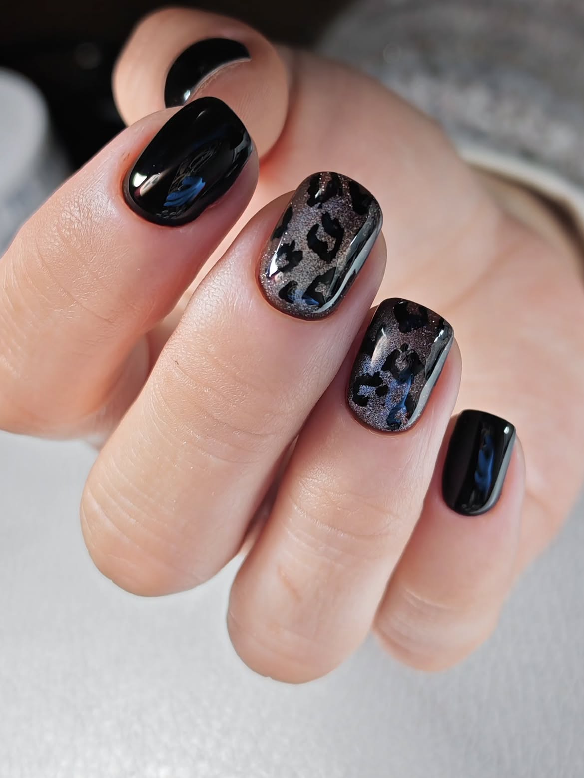 High Gloss Black Leopard Print Nails
