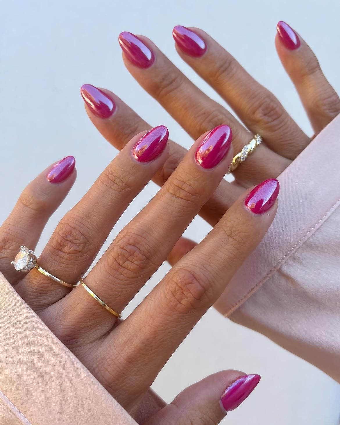 Hot Pink Chrome Almond Nails