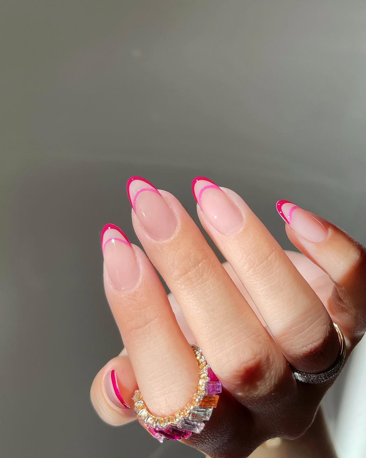 Hot Pink Double French Almond Nails