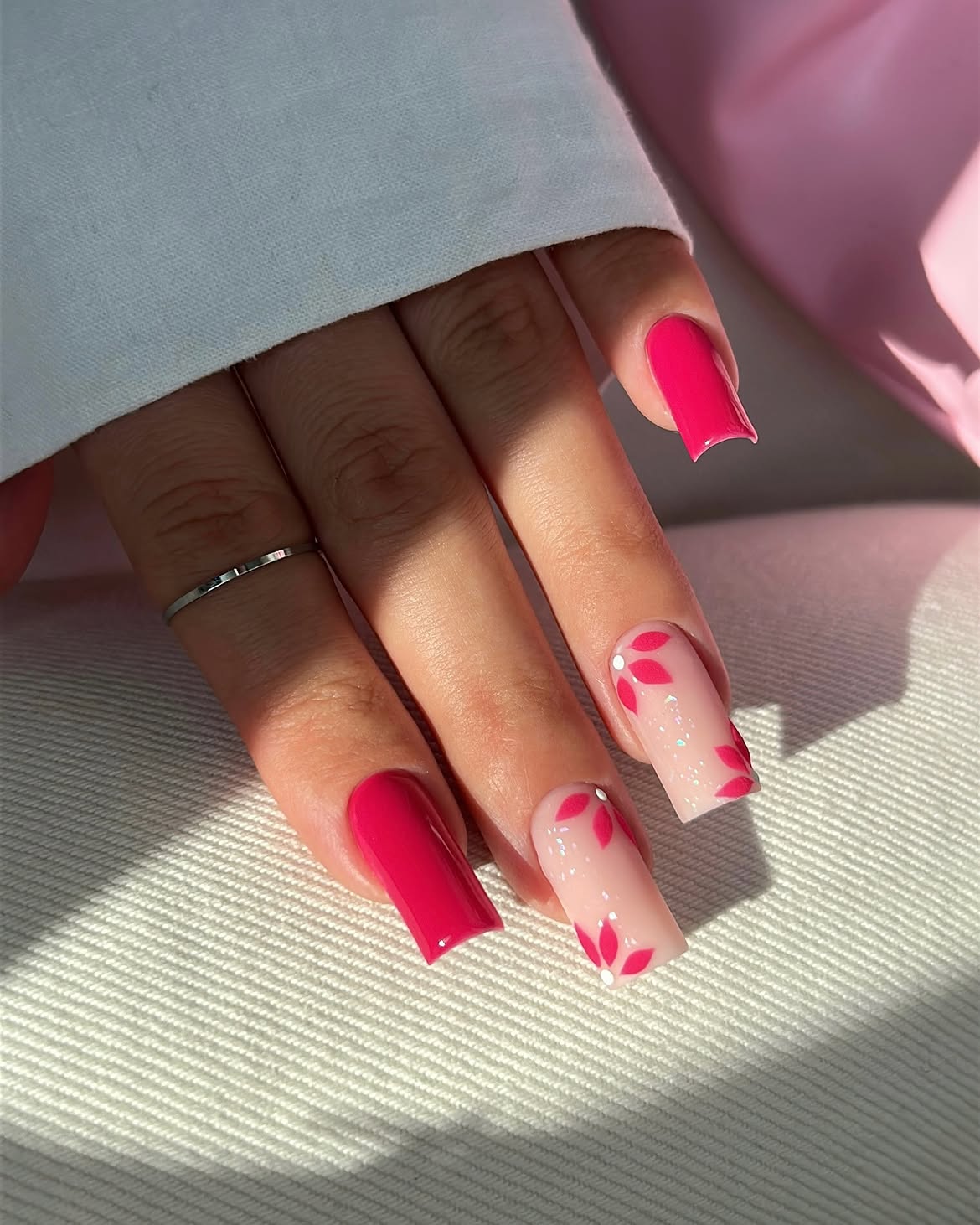 Hot Pink Floral Accent Square Nails