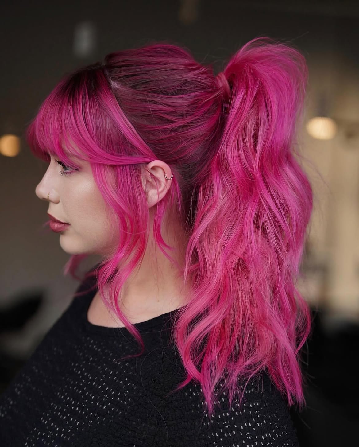 Hot Pink High Ponytail With Wispy Bangs