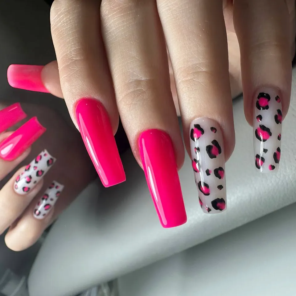 Hot Pink Leopard Print Coffin Nails