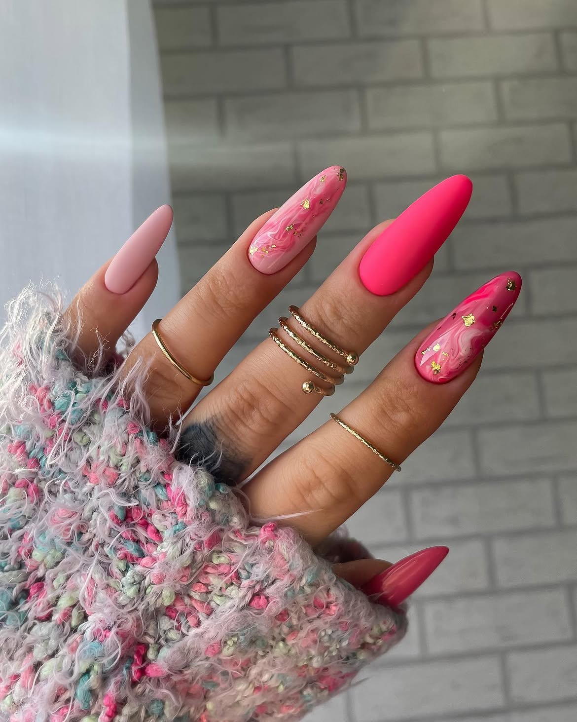 Hot Pink & Swirled Marble Stiletto Nails