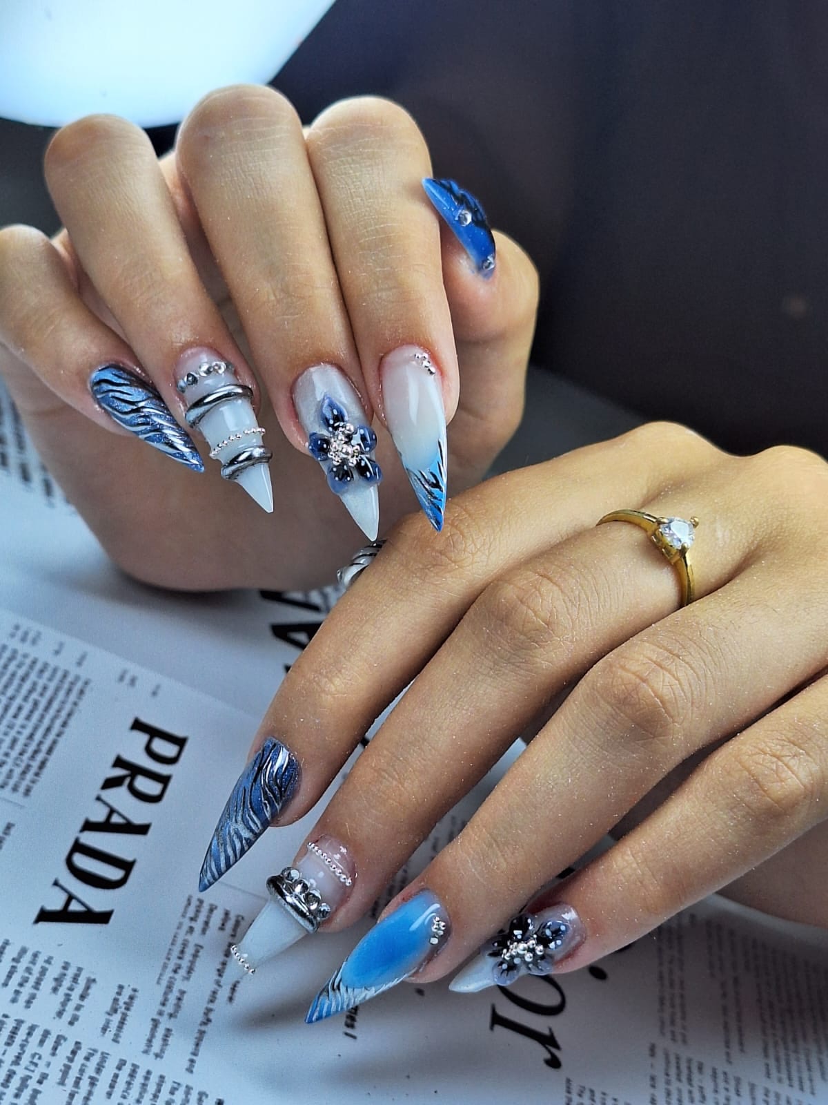 Icy Blue & Silver Stiletto Fantasy Nails