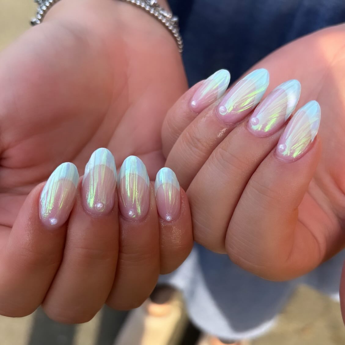 Iridescent Pearl Accented Aura French Tips