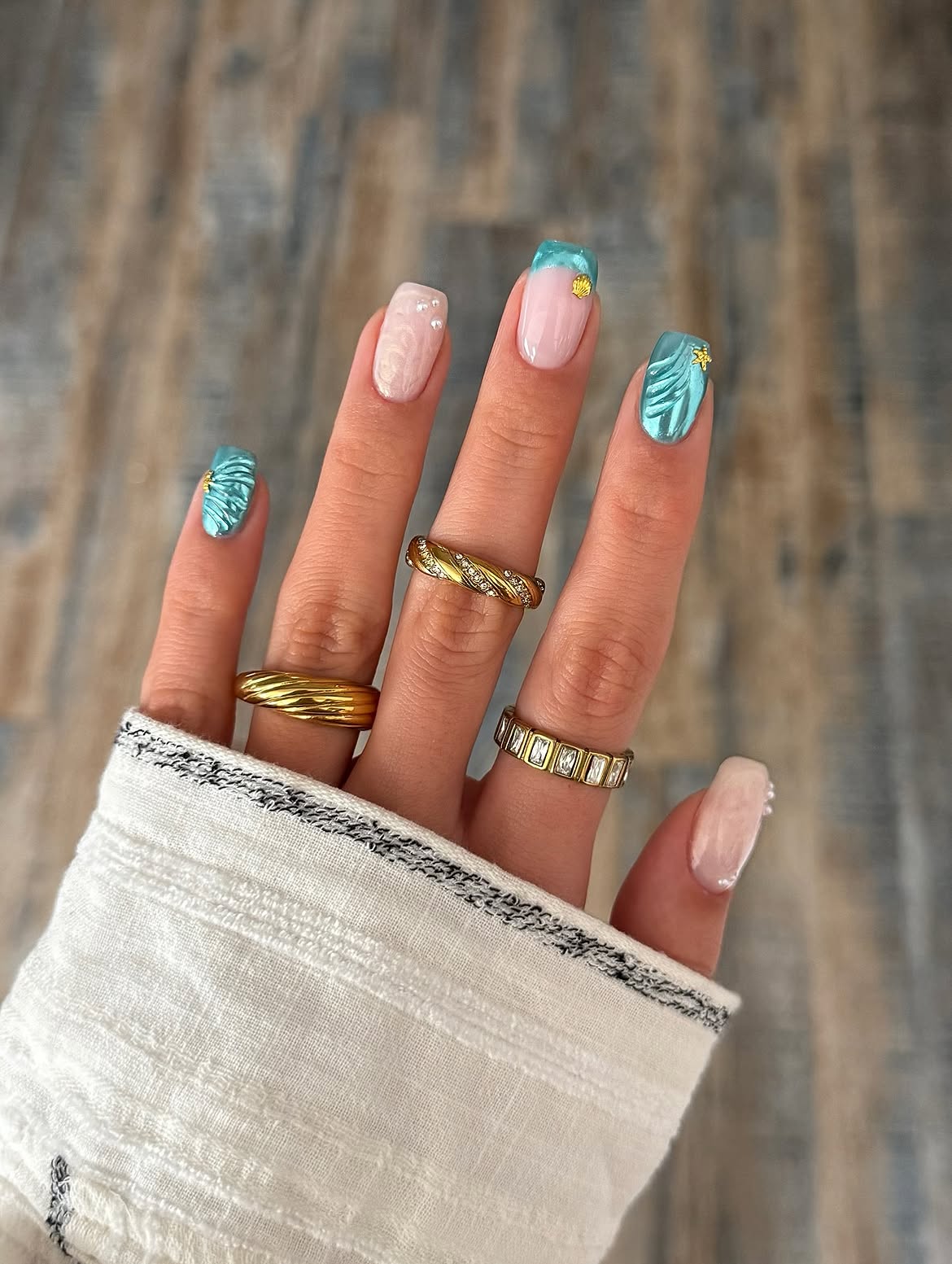 Iridescent Seashell French Ombre with Pearl Accents