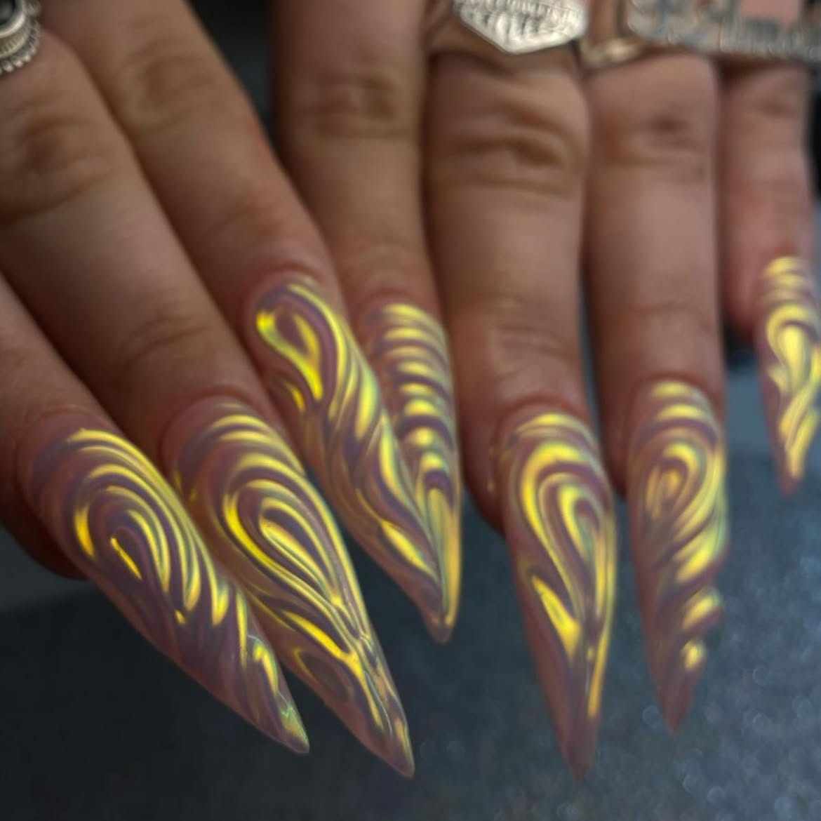 Iridescent Swirl Stiletto Nails