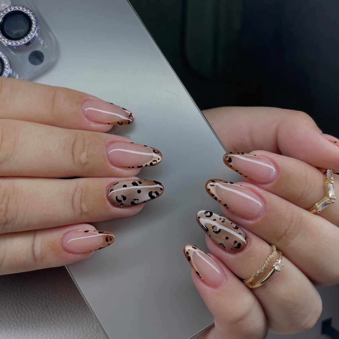 Leopard Print French Tip Almond Nails