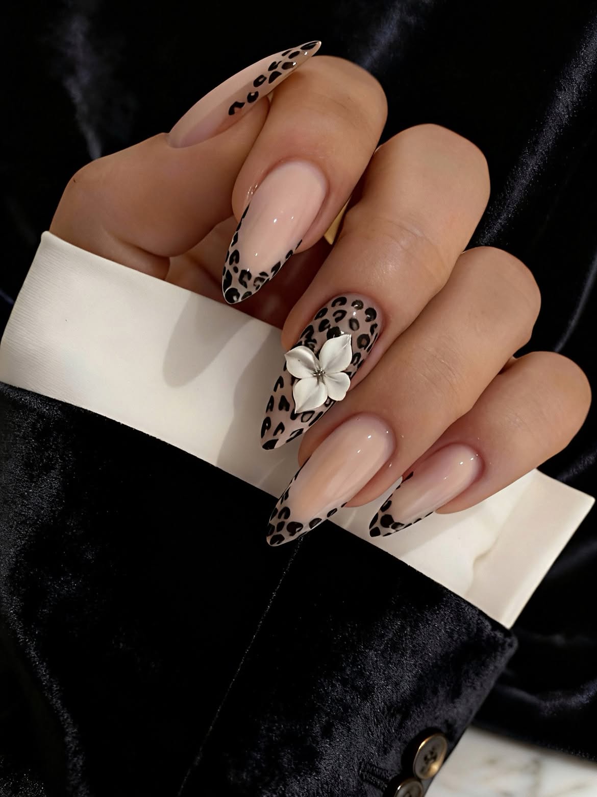 Leopard Print French Tip Stiletto Nails with White Flower