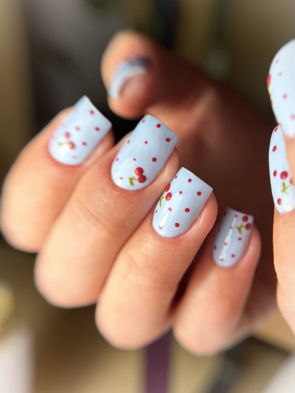 Light Blue Cherry Dot Short Oval Nails